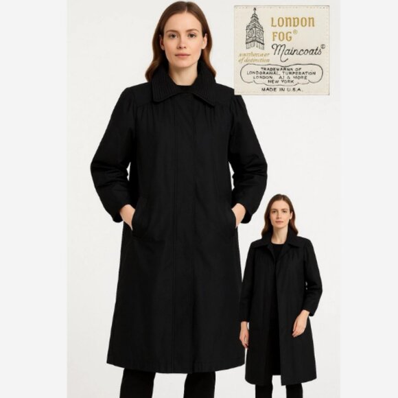 London Fog Jackets & Blazers - Vintage London Fog Maincoats Trench Coat Women’s 8 Petite Black Ruched Collar US